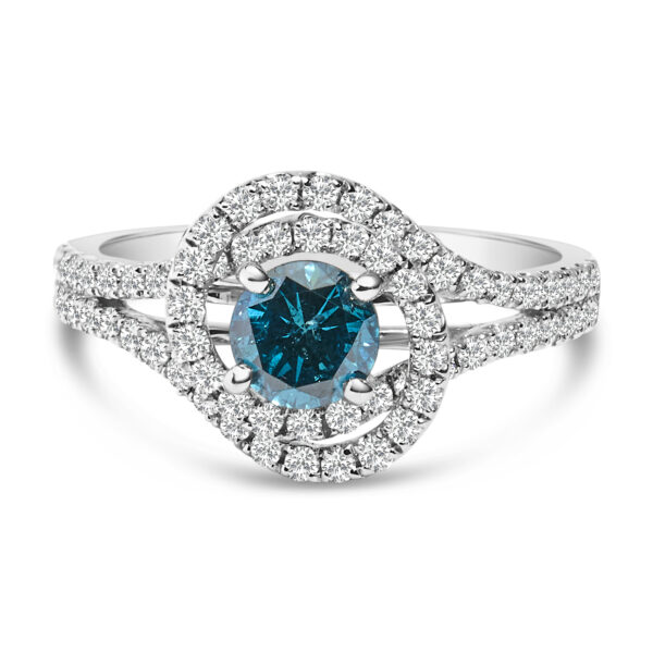 14K White Gold 1-1/3 Cttw White & Blue Diamond Interweaving Double Halo Cocktail Statement Ring (G-H and Fancy Blue Color, SI2-I1 Clarity) - Size 7