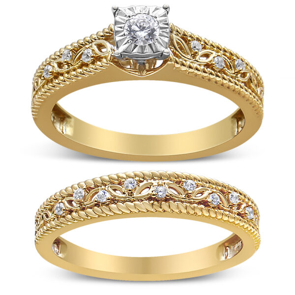 14K Yellow Gold Plated .925 Sterling Silver 1/5 Cttw Diamond Art Deco Style Engagement Ring Bridal Set (I-J Color, I3 Clarity) - Ring Size 9