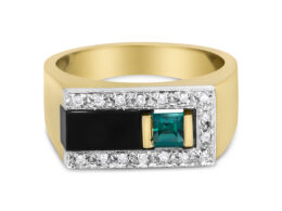 14K Yellow Gold 1/6 Cttw Round Diamond And Princess Emerald with Onyx Gemstone Gent's Band (H-I Color, I2 Clarity) - Ring Size 10