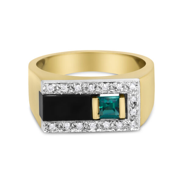 14K Yellow Gold 1/6 Cttw Round Diamond And Princess Emerald with Onyx Gemstone Gent's Band (H-I Color, I2 Clarity) - Ring Size 10