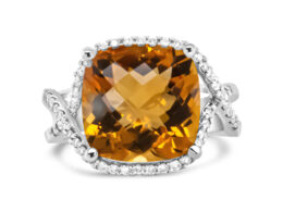 14K White Gold 12mm Cushion Cut Yellow Citrine Gemstone and 1/3 Cttw Round Pave-Set Diamond Ring - (H-I Color, VS1-VS2 Clarity)- Size 6.5