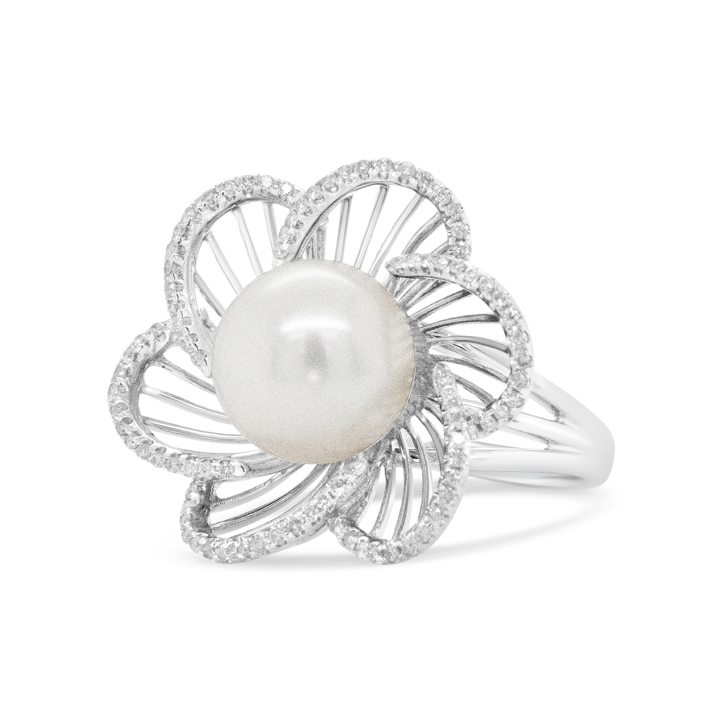 14K White Gold 11mm Round Pearl and 1/3 Cttw Round Diamond Openwork Flower Blossom Ring (H-I Color, VS1-VS2 Clarity) - Size 7