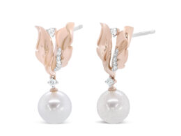 14K Rose Gold 1/6 Cttw Round Diamond and 8mm Round Pearl Floral Drop Stud Earrings (H-I Color, I1-I2 Clarity)