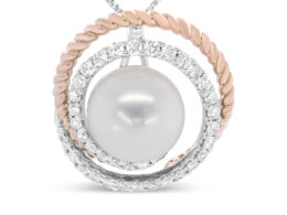 14K Rose and White Gold 3/8 Cttw Pave Diamond and 9mm Round Pearl Spiral Openwork 18" Pendant Necklace- (H-I Color, VS1-VS2 Clarity)