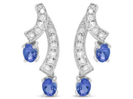 14K White Gold 4x3MM Oval Shaped Natural Blue Tanzanite Gemstone and 1/5 Cttw Diamond Double 3/4" Inch Drop Stud Earrings (H-I Color, VS1-VS2 Clarity)