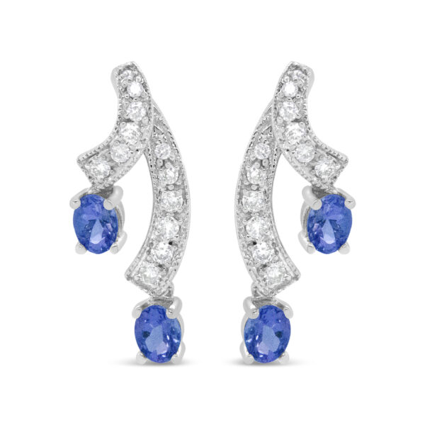 14K White Gold 4x3MM Oval Shaped Natural Blue Tanzanite Gemstone and 1/5 Cttw Diamond Double 3/4" Inch Drop Stud Earrings (H-I Color, VS1-VS2 Clarity)