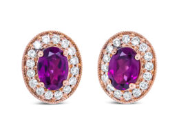 14K Rose Gold 7x5mm Oval Cut Garnet and 3/8 Cttw Round Diamond Halo Stud Earrings (G-H Color, SI1-SI2 Clarity)