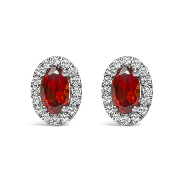10K White Gold 5x3 MM Oval Red Garnet and Diamond Halo Stud Earrings (I-J Color, I1-I2 Clarity)