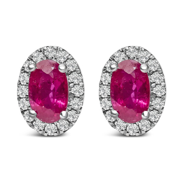 10K White Gold 5x3 MM Oval Red Ruby and Diamond Halo Stud Earrings (I-J Color, I1-I2 Clarity)