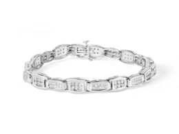 14K White Gold 2-1/2 Cttw Round-Brilliant & Baguette Cut Diamond 7" Alternating Flared Links Tennis Bracelet (H-I Color, SI1-SI2 Clarity)
