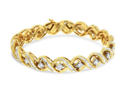 14K Yellow and White Gold 3.0 Cttw Round and Baguette-Cut Diamond Infinity Swirl Link Bracelet (H-I Color, I1 Clarity) - 7"