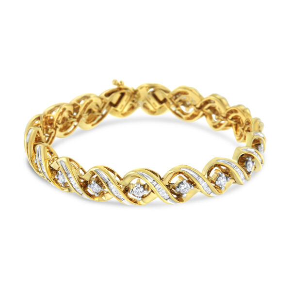 14K Yellow and White Gold 3.0 Cttw Round and Baguette-Cut Diamond Infinity Swirl Link Bracelet (H-I Color, I1 Clarity) - 7"