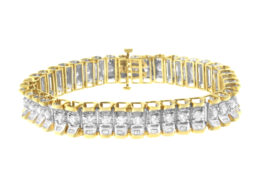 14K Yellow and White Gold 5.0 Cttw Round & Baguette Cut Diamond 7" Reflective Tennis Bracelet (H-I Color, I1-I2 Clarity)