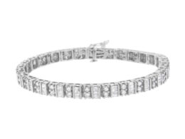 14K White Gold 4.0 Cttw Alternating Baguette & Round Cut Diamond Bezel- & Prong-Set 7" Tennis Bracelet (I-J Color, I1-I2 Clarity)
