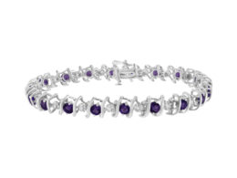 .925 Sterling Silver, Lab Created Gemstone and 1/6 Cttw Round Diamond Tennis Bracelet (H-I Color, I1-I2 Clarity) - Created Purple Amethyst, February Birthstone