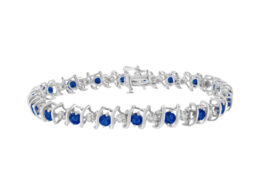 .925 Sterling Silver, Lab-Grown Gemstone and 4 Cttw Round Diamond Tennis Bracelet (H-I Color, I1-I2 Clarity) - Created Blue Sapphire, September Birthstone