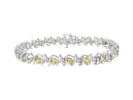 .925 Sterling Silver, Lab-Grown Gemstone and 1/6 Cttw Round Diamond Tennis Bracelet (H-I Color, I1-I2 Clarity) - Created Citrine, November Birthstone