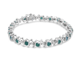 .925 Sterling Silver, Lab-Grown Gemstone and 1/6 Cttw Round Diamond Tennis Bracelet (H-I Color, I1-I2 Clarity) - Created Emerald, May Birthstone