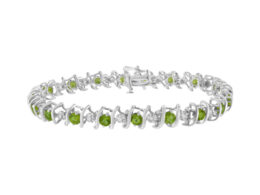 .925 Sterling Silver, Lab-Grown Gemstone and 1/6 Cttw Round Diamond Tennis Bracelet (H-I Color, I1-I2 Clarity) - Created Green Peridot, August Birthstone