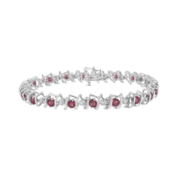 .925 Sterling Silver, Lab-Grown Gemstone and 1/6 Cttw Round Diamond Tennis Bracelet (H-I Color, I1-I2 Clarity) - Created Pink Tourmaline, October Birthstone