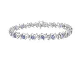 .925 Sterling Silver, Lab-Grown Gemstone and 1/6 Cttw Round Diamond Tennis Bracelet (H-I Color, I1-I2 Clarity) - Created Tanzanite, December Birthstone