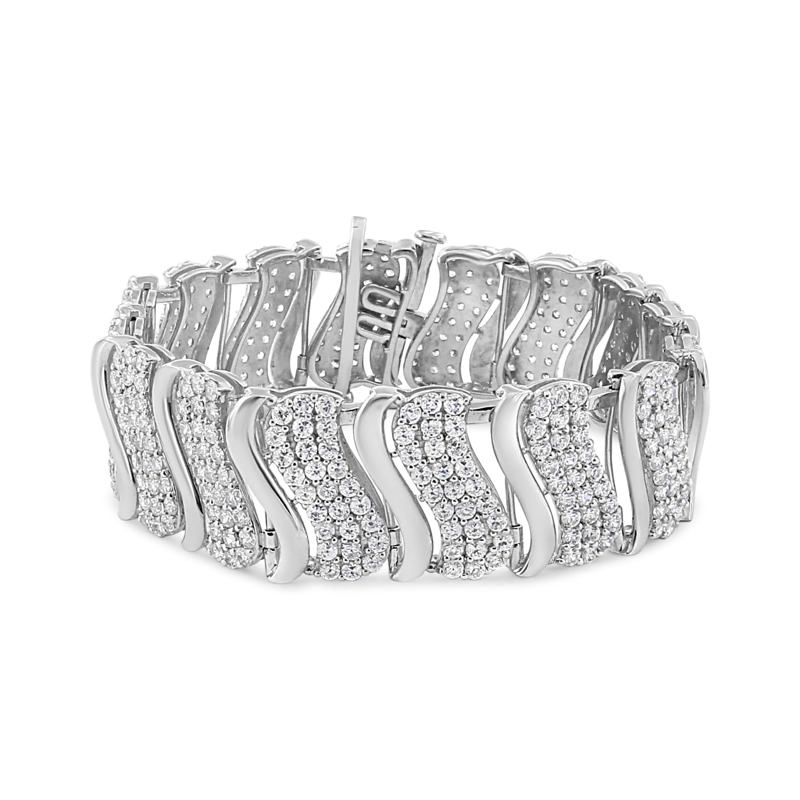 14K White Gold 15.0 Cttw Diamond Chevron Wave 7.25" Inch Link Bracelet (J-K Color, I1-I2 Clarity)