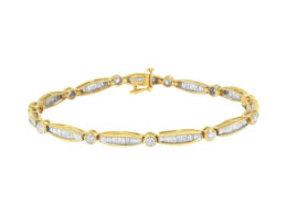 14K Yellow Gold 2.0 Cttw Round Brilliant-Cut & Baguette Cut Diamond Bezel and Tapered Link 7" Tennis Bracelet (H-I Color, SI2-I1 Clarity)