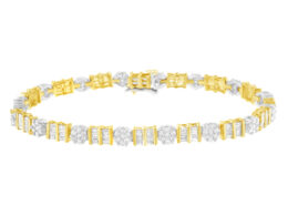 14K White and Yellow Gold 3-3/8 Cttw Round & Baguette-Cut Diamond Cluster Two Tone Alternating Station 7" Tennis Bracelet (H-I Color, I1-I2 Clarity)
