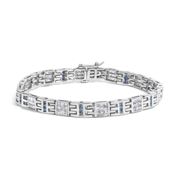 14K White Gold Princess-Cut white and Blue Diamond 3.00 cttw Fashion Link Bracelet (H-I Color, SI1-SI2 Clarity)