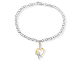 10K Yellow Gold 1/10 Cttw Diamond Awareness Ribbon & Heart Charm on 7" .925 Sterling Silver Rolo Bracelet (H-I Color, I1-I2 Clarity)