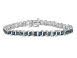 .925 Sterling Silver 2 cttw Treated Blue Diamond Fan-Shaped Nested Link 7" Tennis Bracelet (Blue Color, I3 Clarity) - Size 7"