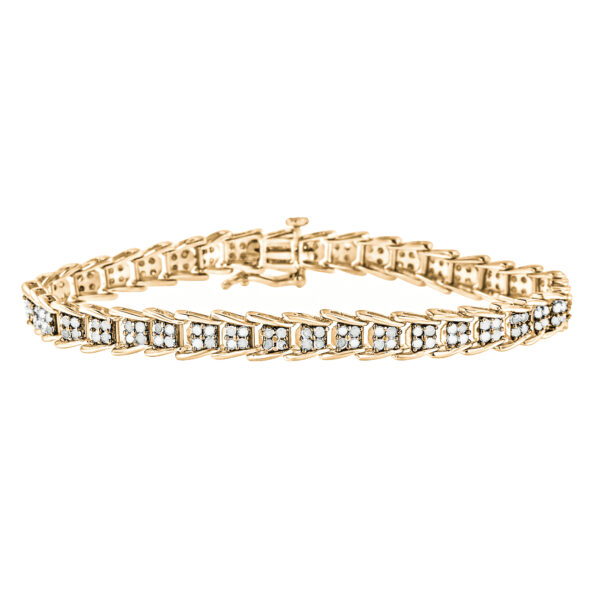 10K Yellow Gold over .925 Sterling Silver 2.0 Cttw Diamond Fan-Shaped Fancy Chevron Link Tennis Bracelet (I-J Color, I3 Clarity) - 7"
