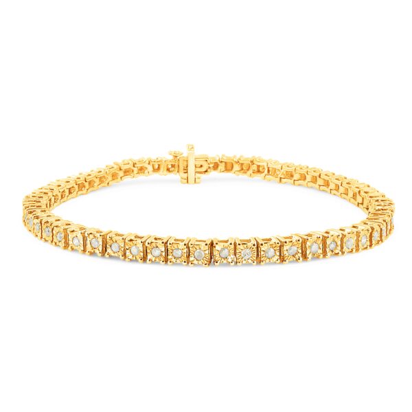 10K Yellow Gold over .925 Sterling Silver 1.0 Cttw Diamond Square Frame Miracle-Set Tennis Bracelet (I-J Color, I3 Clarity) - 8"