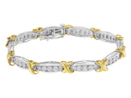 10K Yellow Gold Plated .925 Sterling Silver Two Tone 3/4 CttwDiamond X & O Link Tennis Bracelet (H-I Color, I1-I2 Clarity) - 7”