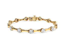 10K Yellow Gold Plated .925 Sterling Silver 1.0 Cttw Miracle Set Diamond Bezel Style Station Link Bracelet (H-I Color, I3 Clarity) - Size 7"