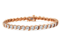 14K Rose Gold Plated .925 Sterling Silver 1/10 Cttw Diamond Round Miracle Plate and "S" Link Tennis Bracelet (I-J Color, I2- I3 Clarity) - 7"