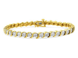 14K Yellow Gold Plated .925 Sterling Silver 1/10 Cttw Diamond Round Miracle Plate and "S" Link Tennis Bracelet (I-J Color, I2- I3 Clarity) - 7"