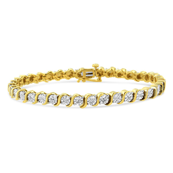 14K Yellow Gold Plated .925 Sterling Silver 1/10 Cttw Diamond Round Miracle Plate and "S" Link Tennis Bracelet (I-J Color, I2- I3 Clarity) - 7"