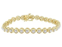 10K Yellow Gold over .925 Sterling Silver 1/4 Cttw Diamond 7" Open Circle Wheel Link Tennis Bracelet (I-J Color, I2-I3 Clarity)