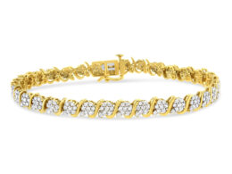 14K Yellow Gold Plated .925 Sterling Silver 3.00 Cttw Diamond Alternating Flower Cluster and "S" Link Tennis Bracelet (L-M Color, I2-I3 Clarity) - 7.25"