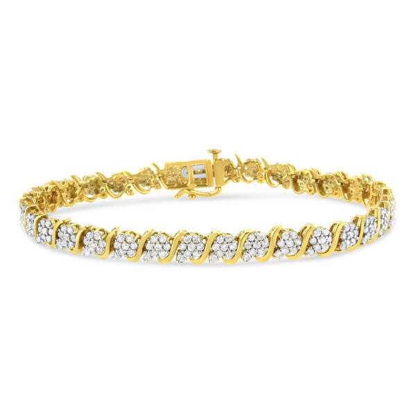 14K Yellow Gold Plated .925 Sterling Silver 3.00 Cttw Diamond Alternating Flower Cluster and "S" Link Tennis Bracelet (L-M Color, I2-I3 Clarity) - 7.25"