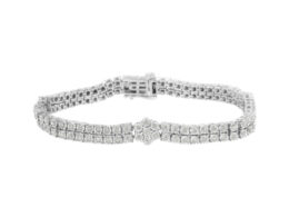 .925 Sterling Silver Diamond Double Row and Floral Cluster Tennis Bracelet (2 cttw, I-J Color, I3 Clarity) - Size 7.25"