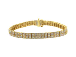 14K Yellow Gold over .925 Sterling Silver 3.0 Cttw Diamond Double Row Square Milgrain Link 7” Tennis Bracelet (K-L Color, I1-I2 Clarity)