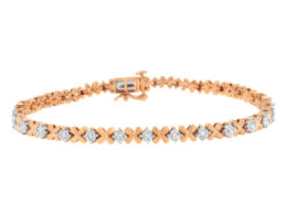10K Rose Gold Plated .925 Sterling Silver 1/4 cttw Diamond "X and O" Style Link Bracelet (I-J Color, I2-I3 Clarity) - Size 7.25"