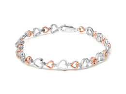 14K Rose Gold Plated .925 Sterling Silver 1/4 Cttw Diamond Heart Link Bracelet (I-J Color, I2-I3 Clarity) - Size 7" Inches
