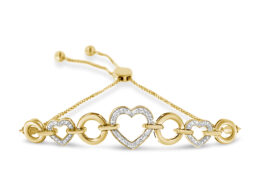 10K Yellow Gold over .925 Sterling Silver 1/10 Cttw Round-Cut Diamond Heart-Link Adjustable Bolo Bracelet (H-I Color, I2-I3 Clarity) - 6"-9" Adjustable