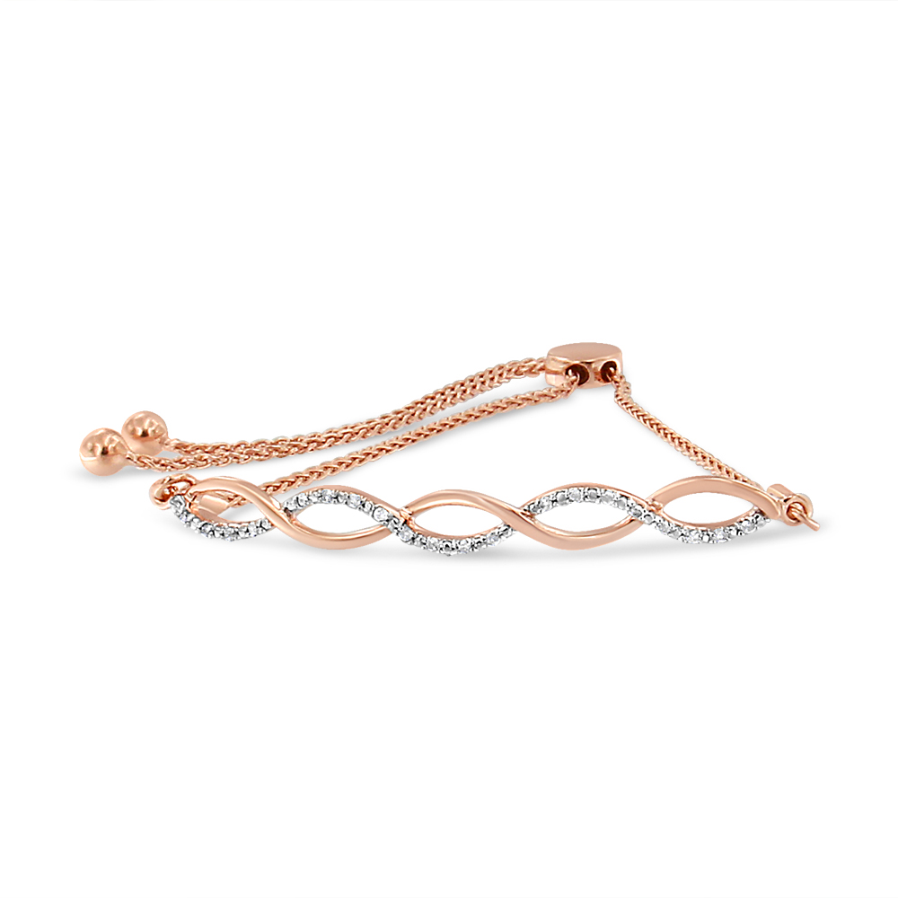 14K Rose Gold Plated .925 Sterling Silver 1/10 cttw Diamond Infinity Twist 4”-10” Adjustable Bolo Bracelet (I-J Color, I2-I3 Clarity)