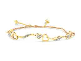 14K Yellow Gold Plated .925 Sterling Silver 1/10 Cttw Diamond Wave and Hearts 4”-10” Adjustable Bolo Bracelet (I-J Color, I3 Clarity)