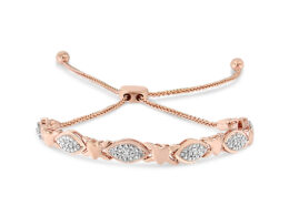 14K Rose Gold Plated .925 Sterling Silver Diamond Accent Alternating Marquise Shape and Heart Links Bolo Bracelet (I-J Color, I3 Clarity) - Adjustable 6" to 9"