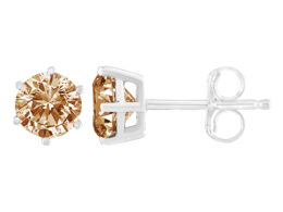 14K White Gold 1/5 Cttw Round Brilliant-Cut Champagne Diamond 6-Prong Tiffany-Style Stud Earrings (Natural Color, I2-I3 Clarity)